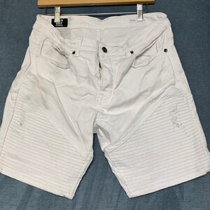 CR7 Cristiano Ronaldo Biker Shorts Mens 31 White Denim Light Wash Pleated Front